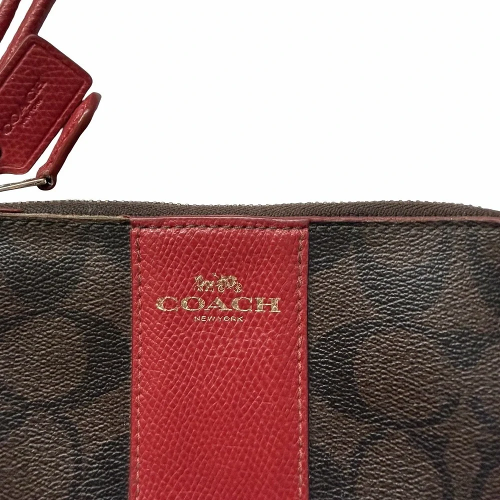 Coach Large Corner Zip Canvas Leather‎ Monogram Wristlet Brown Red Wallet F54629